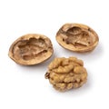 Single peeled walnut and shell on white background close up