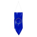 Single pennant flag of Europe on string. Hanging textile European Union flag isolated on white background realistic vector