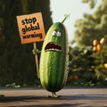 Angry cucumber holding a sign with the text stop global warming.