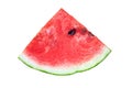 Single piece of fresh watermelon in form of triangle with red ripe juicy pulp and seeds isolated on white background