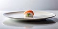 A single piece of salmon sushi rests delicately on a pristine white plate, a minimalist culinary presentation. Generative AI Royalty Free Stock Photo