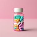 Single Pill Bottle with Colorful Pastel Pills Isolated on Solid Background Royalty Free Stock Photo