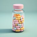 Single Pill Bottle with Colorful Pastel Pills Isolated on Solid Background Royalty Free Stock Photo