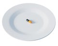 Single pill on a white plate, 3d rendering. Nutritional supplement, taking medication, healthcare and wellbeing concept