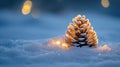 A Single Pine Cone Covered in Snow and Glowing with Light Royalty Free Stock Photo
