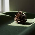 A single pine cone rests on a green fabric surface, bathed in sunlight. The pine cone is Royalty Free Stock Photo