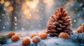 A single pine cone sits atop a pile of fresh oranges Royalty Free Stock Photo