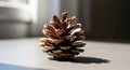 A single pine cone sits on a smooth, gray surface, illuminated by natural light from a Royalty Free Stock Photo