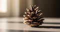A single pine cone sits on a smooth, gray surface, illuminated by soft, natural light from Royalty Free Stock Photo