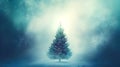 single pine tree stands in a snowy field with falling snowflakes. The background is a soft, glowing blue, creating a quiet, winter Royalty Free Stock Photo