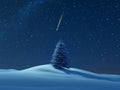 A Single Pine Tree Stands Tall on a Snow Covered Landscape Under a Night Sky With a Shooting Star Royalty Free Stock Photo