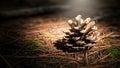 A single pinecone rests on a forest floor with sunlight shining above Royalty Free Stock Photo