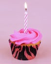 A single pink cupcake with one lit candle Royalty Free Stock Photo