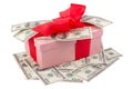 Single pink gift box with red ribbon and dollars