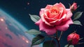 A single pink rose blooms against a cosmic background, a celestial flower in space. Generative AI Royalty Free Stock Photo