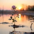 a single pink rose is growing out of the water at sunset Royalty Free Stock Photo