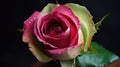 a single pink rose with water droplets on it\'s petals and green leaves on a black background with a Royalty Free Stock Photo