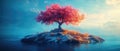 SINGLE PINK TREE ON SMALL ISLAND IN TRANQUIL BLUE OCEAN WATER Royalty Free Stock Photo