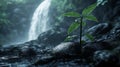 A Single Plant Sprouting Amidst a Waterfall and Rocks in a Lush Forest Royalty Free Stock Photo