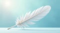 A single, pristine white feather rests gently on a soft, light blue surface, illuminated by a soft, ethereal glow. Generative AI Royalty Free Stock Photo