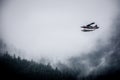 Single Prop Airplane Pontoon Plane flying through fog over Alaska Last Frontier Royalty Free Stock Photo