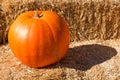 Single Pumpkin on a Hay Bale in Autumn Royalty Free Stock Photo
