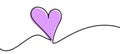 Single purple heart continuous wavy line art drawing on white background. Happy Valentine\'s day header or banner or letter