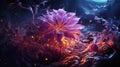 Single purple magical flower in the dark, AI-generated. Royalty Free Stock Photo