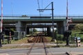 Single railroad track between Gouda and Alphen at rail road crossing at Waddinxveen for R-NET train