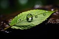 a single raindrop on a leaf, reflecting a tranquil forest scene