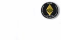 Single Real coin of cryptocurrency Silver Ethereum on white background