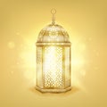 Single realistic gold arabic lantern - Shiny gold vintage metal lantern with arabic pattern, vector illustration Royalty Free Stock Photo