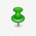 Single Realistic Green Pushpin on Transparent Background. Thumbtack with Needle. Office Stationery for Tack Paper on