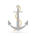 Single realistic shiny steel anchor with rings and shadow on white background isolated vector illustration.