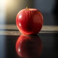 A single red apple with a glossy surface sits on a reflective dark surface Royalty Free Stock Photo