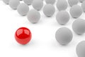 Single red ball standing out from the crowd of white spheres, leadership, standing out or bravery concept over white background Royalty Free Stock Photo