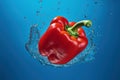 Single red bell pepper suspended in midair against a bright blue backdrop. Royalty Free Stock Photo