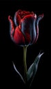 A single red and black tulip isolated on black background