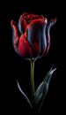 A single red and blue (black) tulip isolated on black background