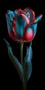 A single red and blue tulip isolated on black background