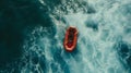 Solo red boat in vast blue ocean, a tranquil scene with calming waters. ideal for themes of solitude and peace. AI Royalty Free Stock Photo