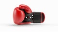 Single red boxing glove with black velcro strap isolated on white background. Sports equipment and boxing concept Royalty Free Stock Photo