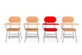 A Single Red Chair in Row of Wooden Lecture School or College De