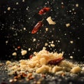 A single red chili flake falling onto a bed of grated parmesan cheese Royalty Free Stock Photo