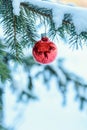 single red christmas ornament on a snow covered branch in the woods Royalty Free Stock Photo