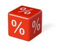 Single red cube or dice with percent sign symbol on white background, sale, discount or sales price reduction concept object