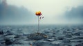 a single red flower growing out of the ground in the middle of a foggy field Royalty Free Stock Photo