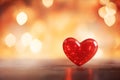 A single red glittering heart on a wooden surface with a warm bokeh light background. Happy Saint Valentine\'s Day concept Royalty Free Stock Photo