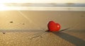 Single red heart on wet sandy beach with ocean waves and golden light Royalty Free Stock Photo