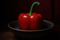 Single red pepper in handmade bowl